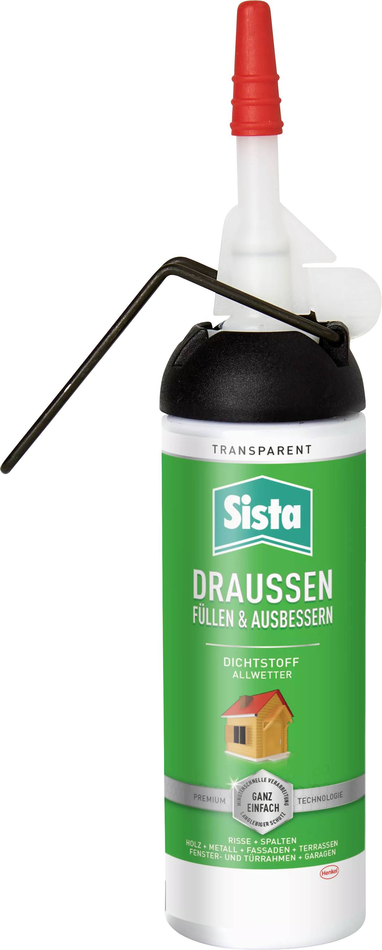 'Sista Outdoor Sealant' in a green cartridge with a red nozzle and black handle. For exterior joints and weather-resistant.