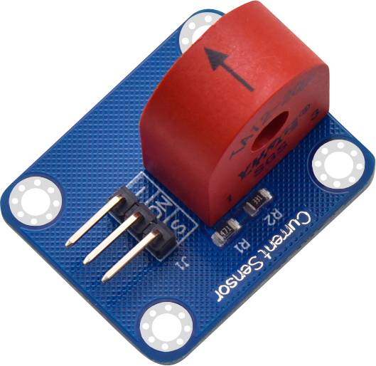 A blue current sensor with a red, semi-circular component and three metal pins. Marked with 'Current Sensor' on the circuit board.