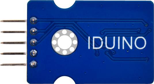 Blue electronic module with four curved pins and a circular opening on the left; the text 'IDUINO' is visible on the right.
