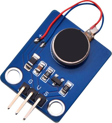 'Electret Microphone Amplifier Module' on blue PCB, marked with 'G, U, S' next to the connection pins.