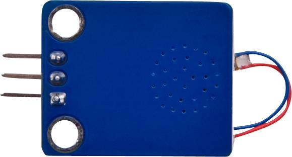 Blue electronic module with two metal contacts, three pins, and red and blue cables for sensor applications.