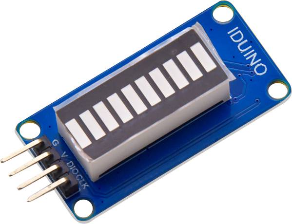 LED display module with 10 bars, IDUINO label, blue carrier board and four connection pins on the left side.