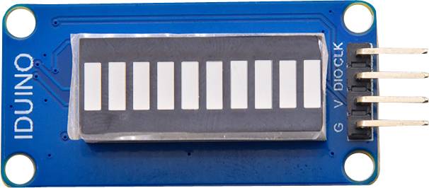Blue IDUINO LED display module with 10 white bars and connectors for G, V, DIO and CLK on the right side.