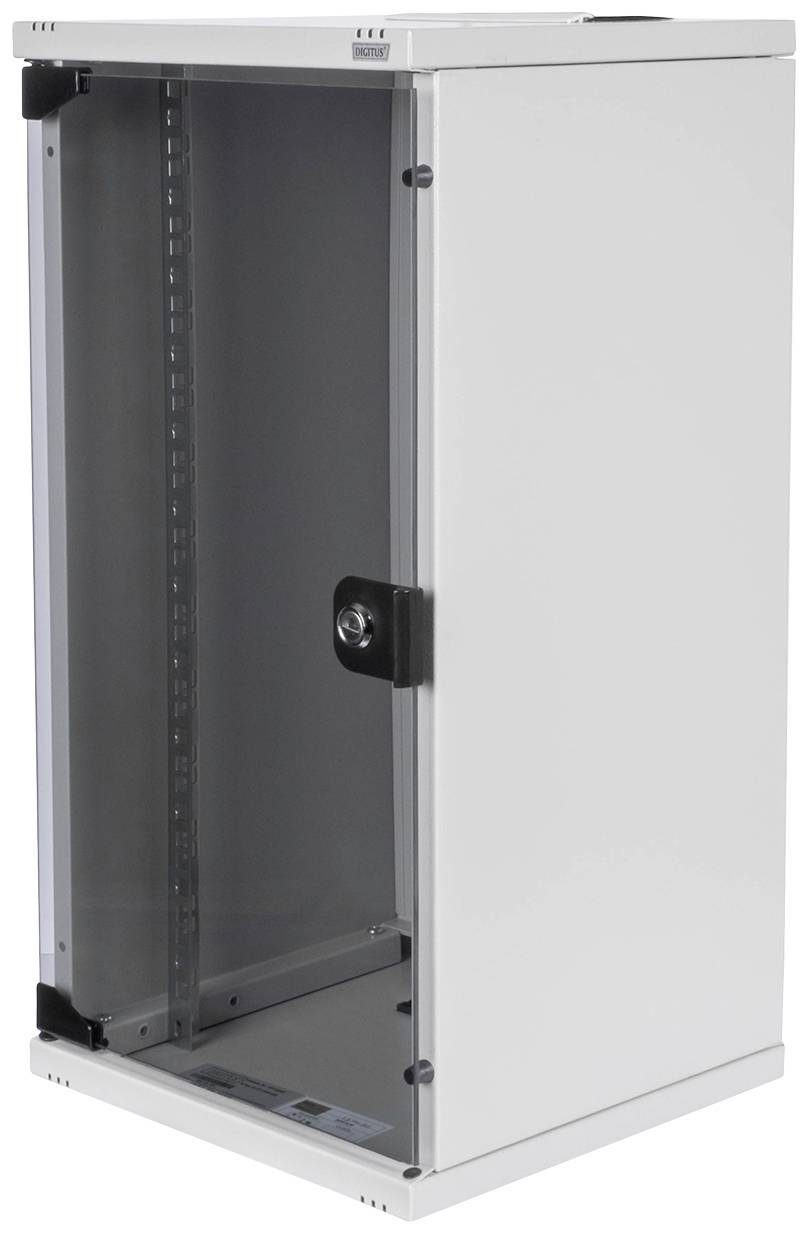 White network wall cabinet with glass front and door handle, suitable for securing servers and network devices in office spaces.