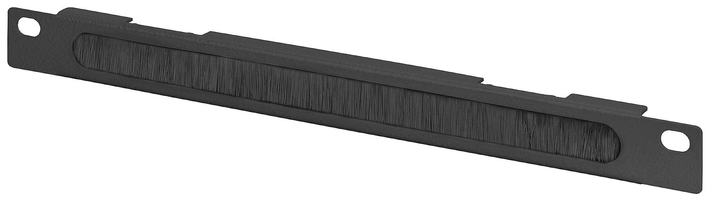 Black cable entry plate with brush strip, for neat cable management in a server rack.