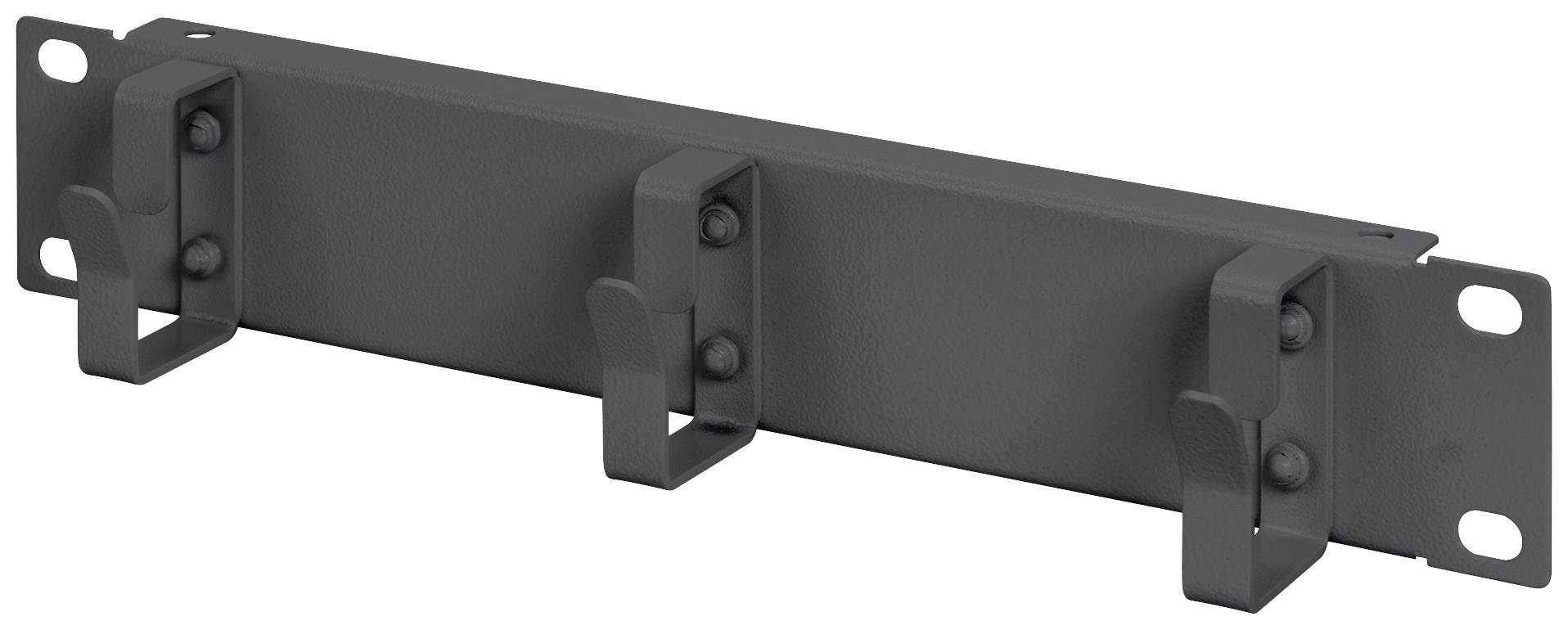 A black cable management patch panel with three cable management bars, designed for organising and routing cables in a network rack.