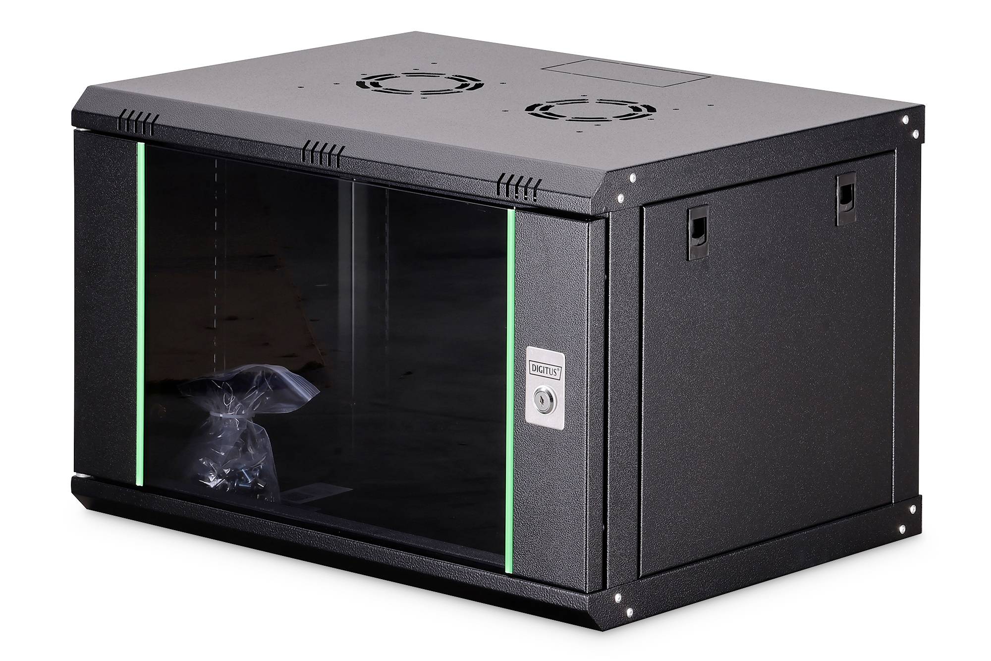 A black wall-mounted server rack with a glass front door and metal frame, featuring ventilation fans on top, suitable for network equipment storage.