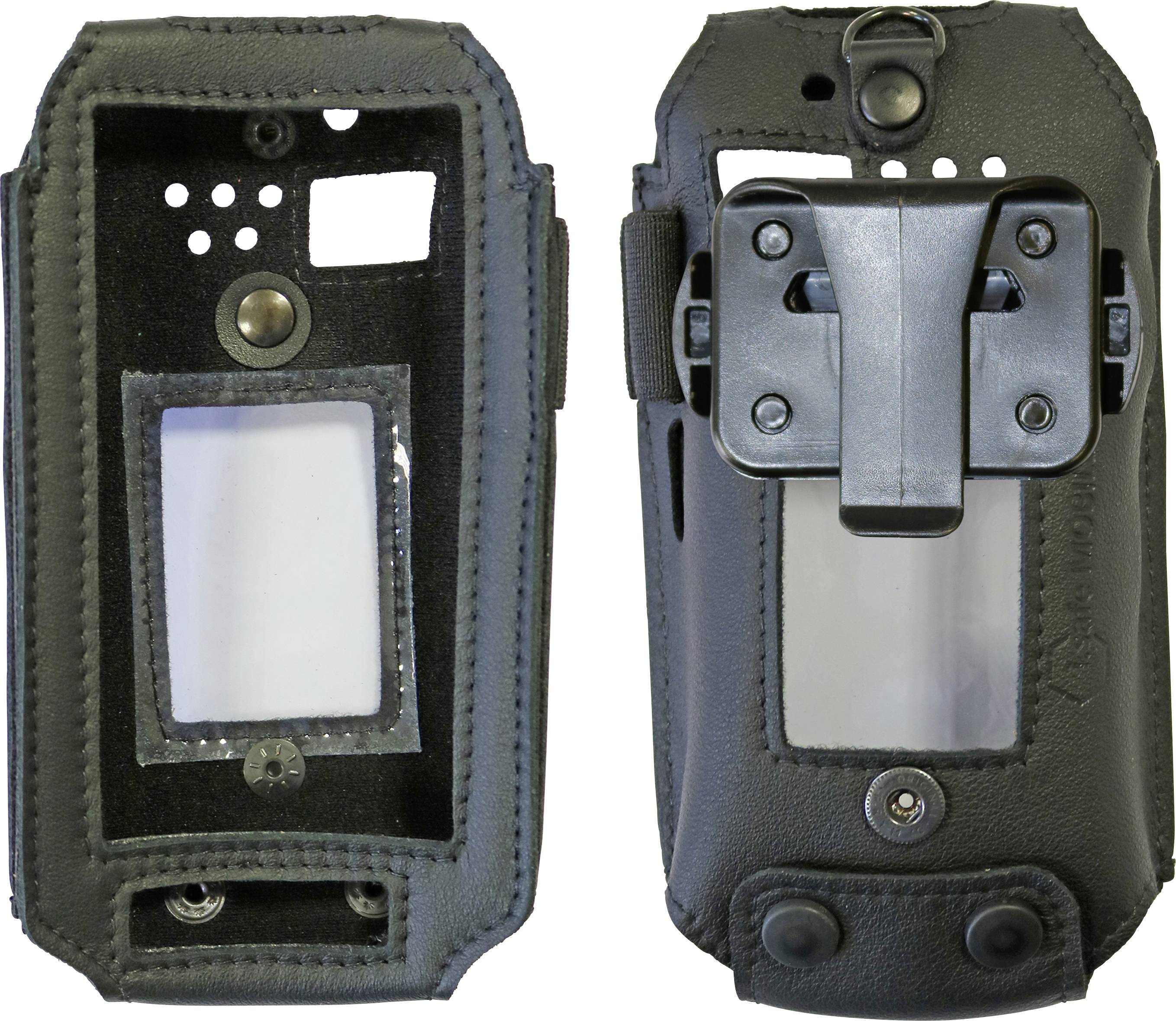 Two black leather cases for a portable device, front and back view. The case has a transparent section and buttons.