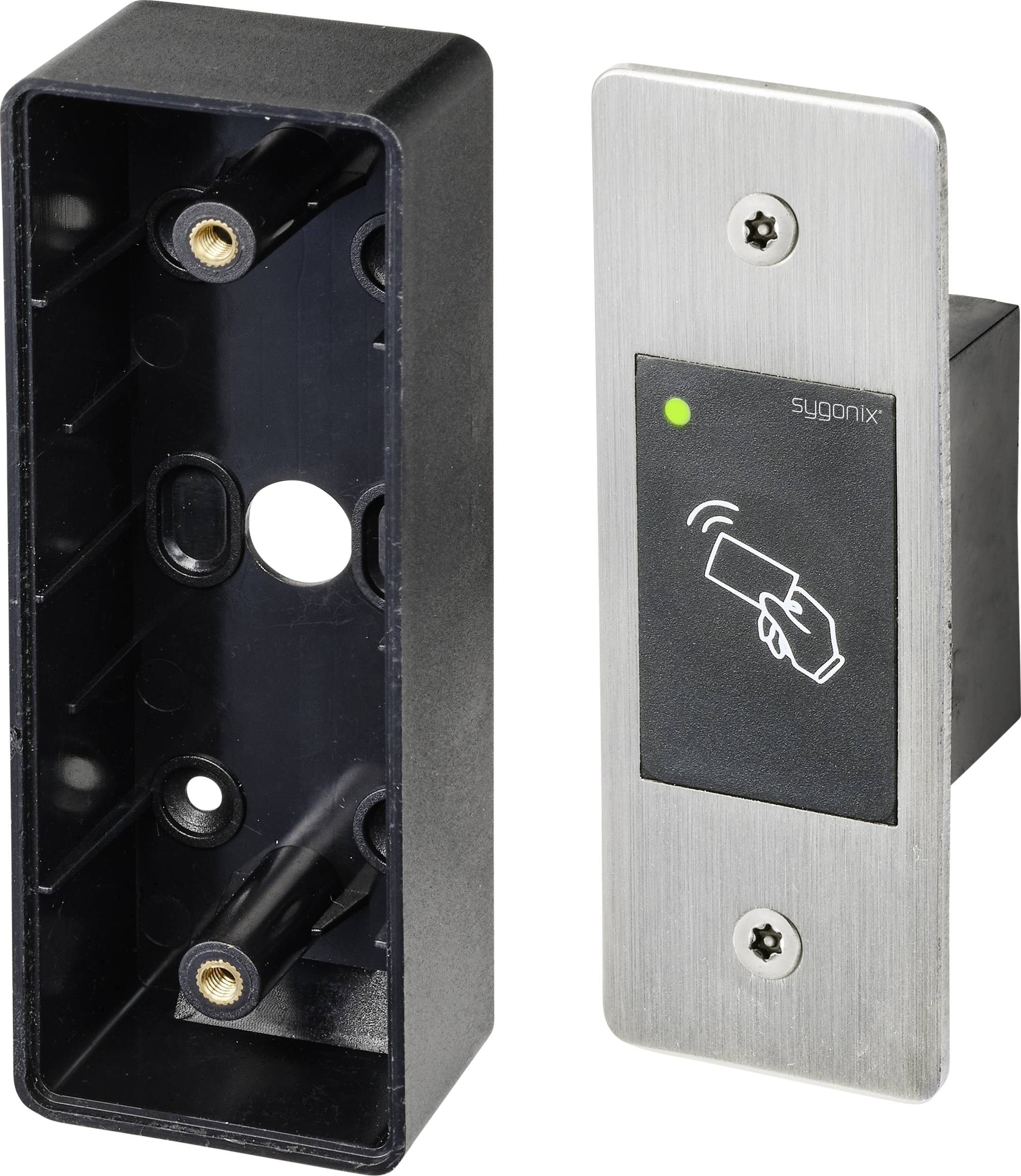 Two parts of an RFID door reader, with the housing on the left and the reader unit with LED indicator and hand symbol on the right.