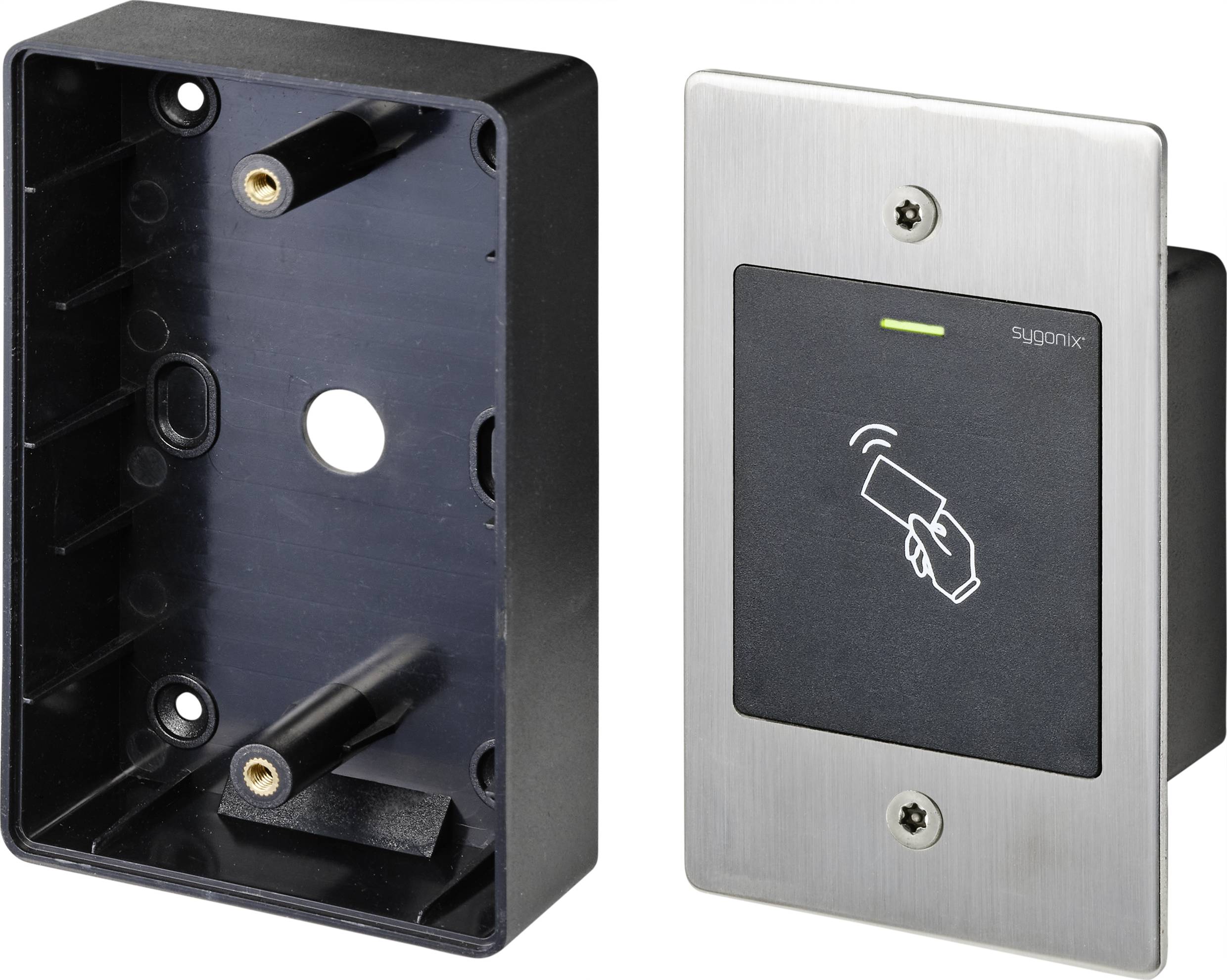 A card reader with a silver frame and a black sensor field. To its left is an empty black housing.