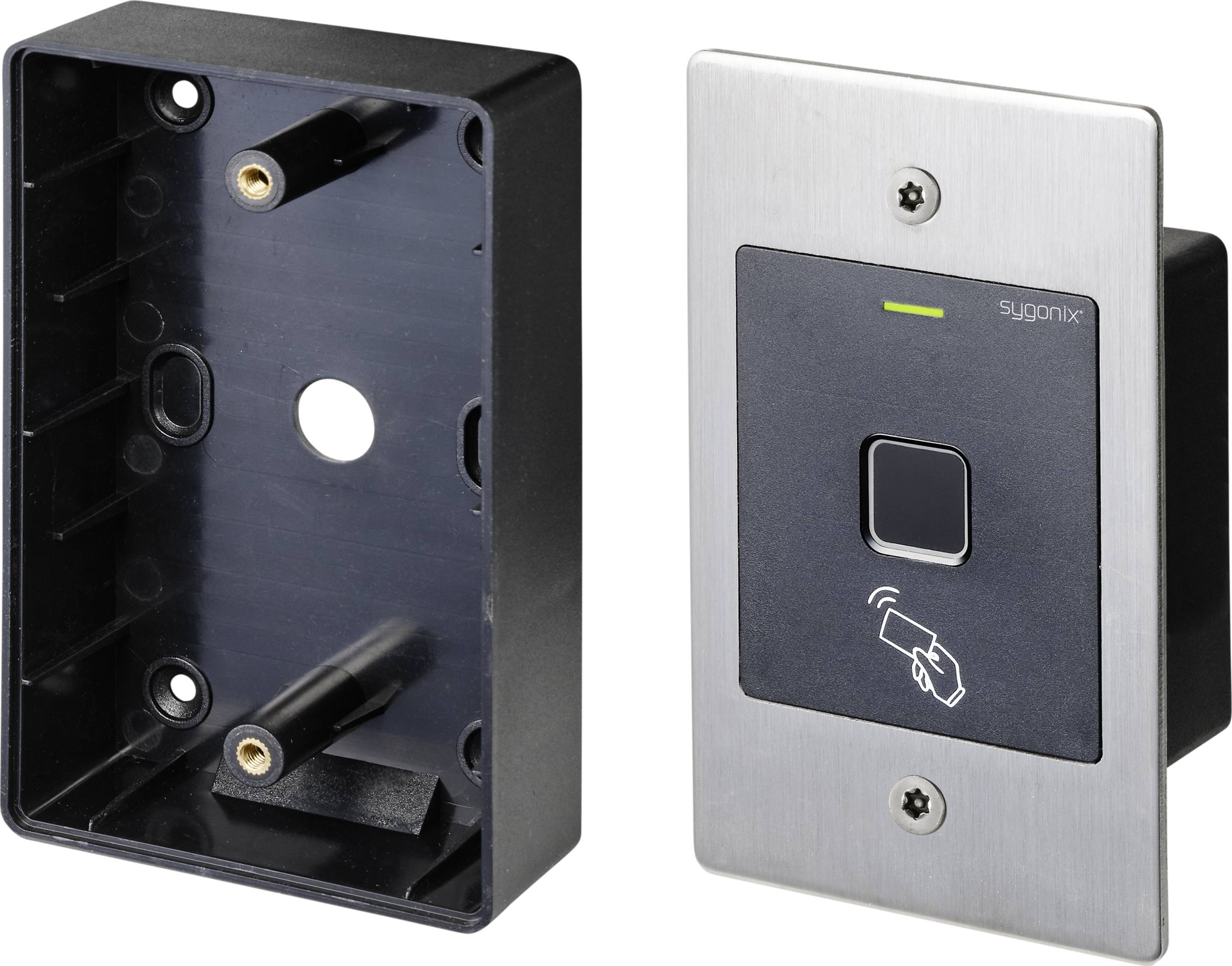 Two metal plates for RFID access control; on the left an empty rear box, on the right a mounted sensor with LED indicator and card symbol.