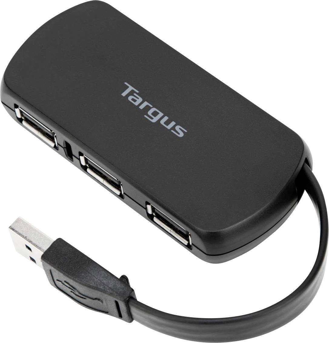 A black Targus USB hub with four USB ports and a short cable.