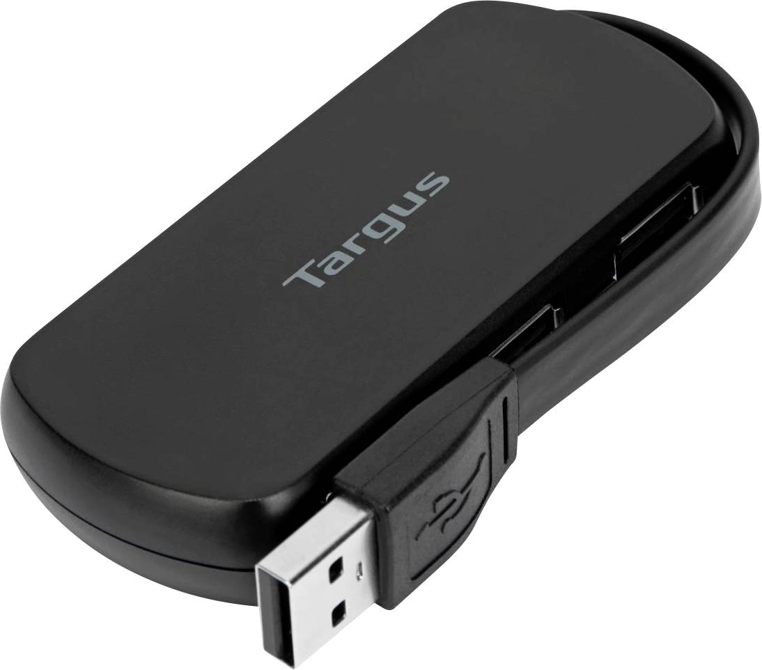 Black Targus USB hub with three USB ports, compact design for computer accessories, suitable for additional device connections.