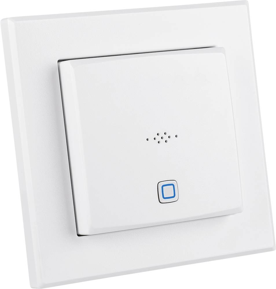A white wall switch with a blue button in the centre, which may potentially be used to control electrical devices.