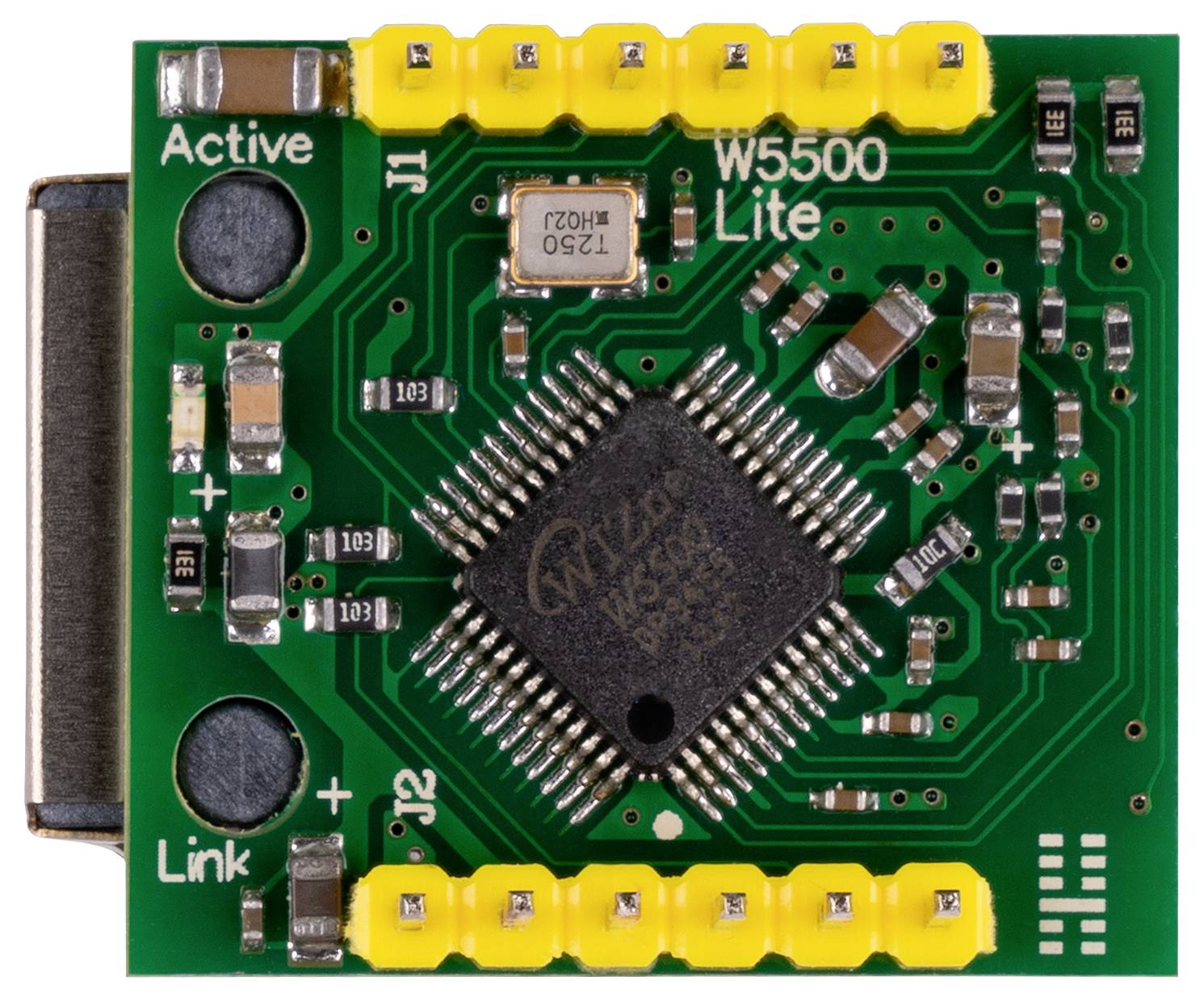 Figure of a W5500 Lite Ethernet module. Centrally located a chip, surrounded by electronic components, with 