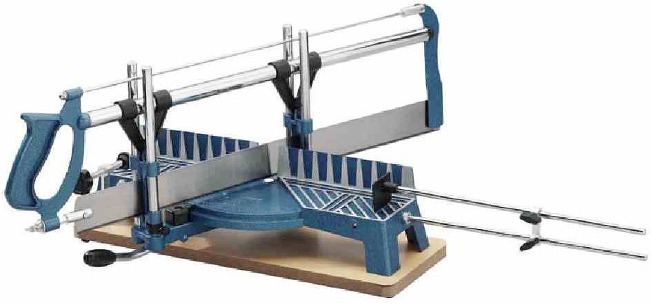 Mitre saw for precise angled cuts, comprising a metal frame, handle, and guide rails, mounted on a wooden base.