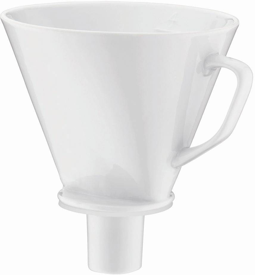 A white funnel with a handle, suitable for transferring liquids.