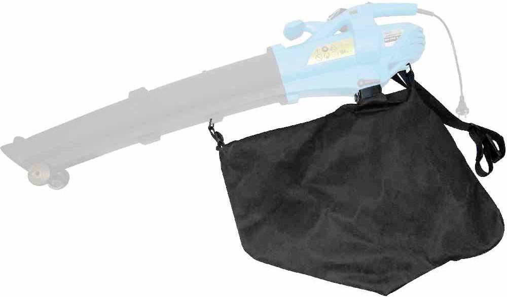 A navy blue and black leaf blower with an integrated collection bag is lying on its side. The device has an electrical cable connection.