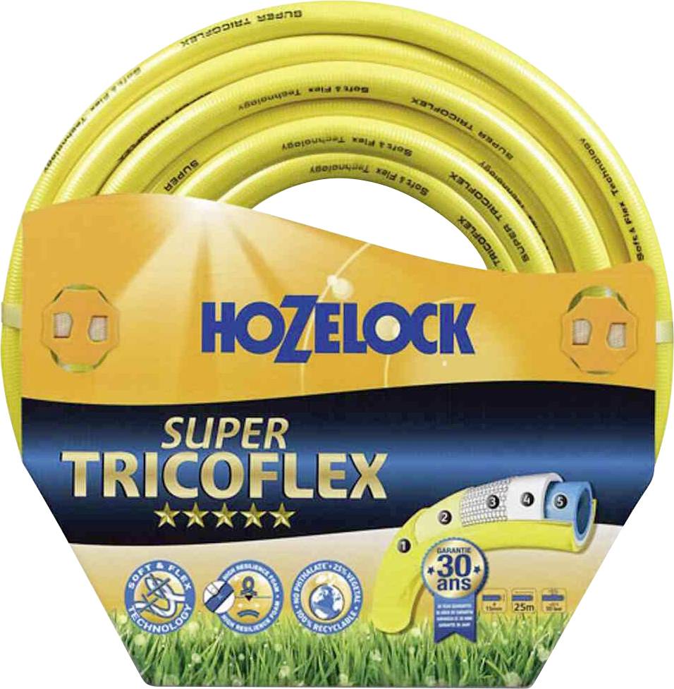 'HOZELOCK Super Tricoflex' yellow garden hose, coiled in packaging. Features: Technology, durability, recyclable material.
