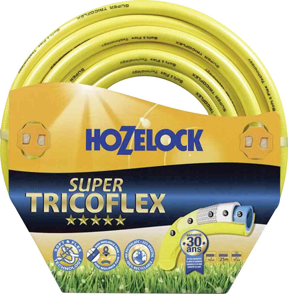 Yellow Hozelock Garden Hose, 'Super Tricoflex' model, 5-ply, 25m length, 5-year guarantee, kink-resistant.