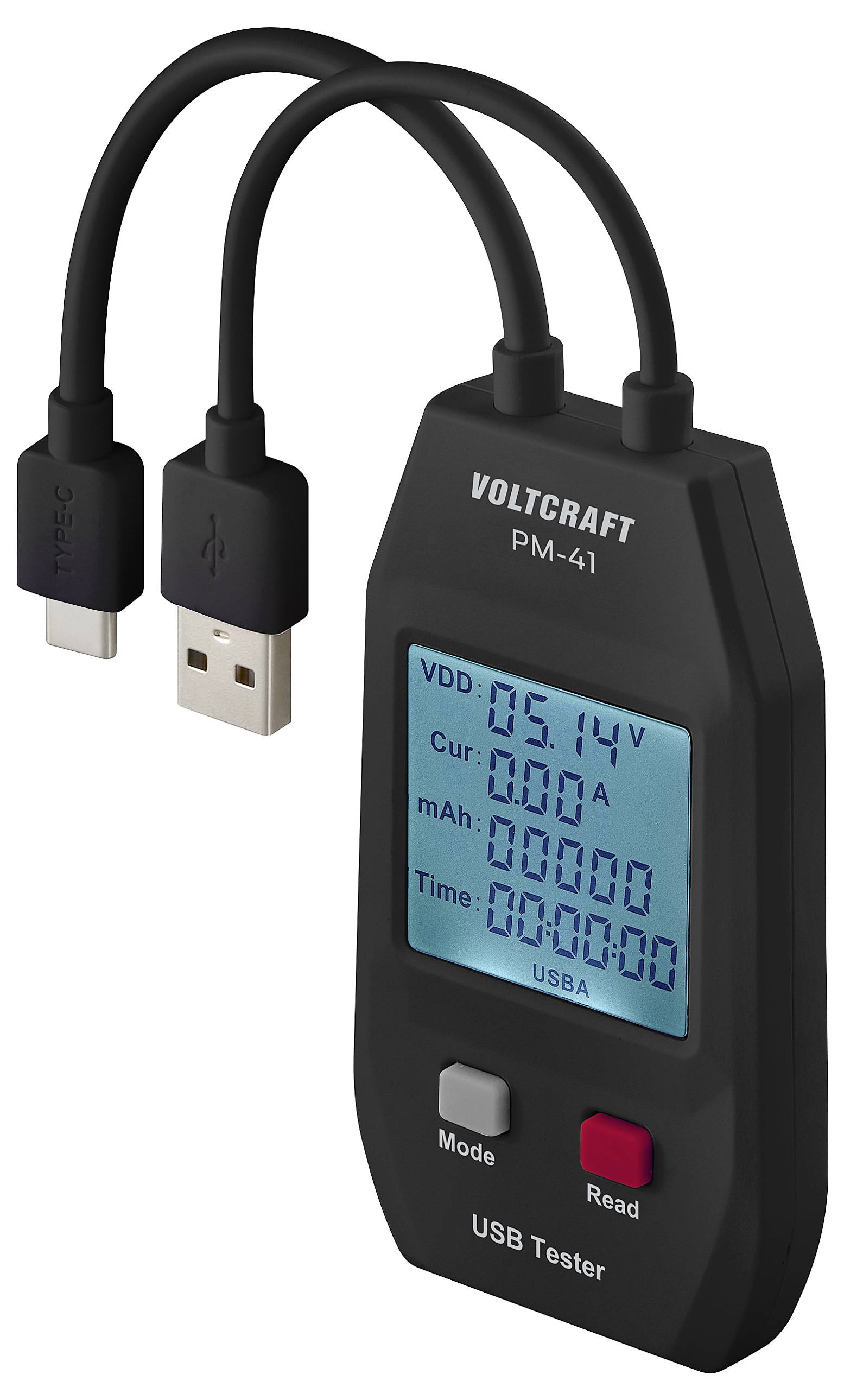 A USB tester displays voltage, current, capacity, and time values on a digital display. Two cables are connected.