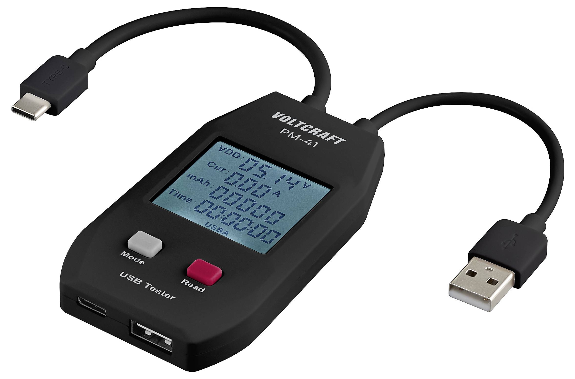 'VOLTCARFT P-MA 1 USB Tester' displays voltage in volts, current in amperes, and capacity in milliamp-hours on a digital display. Features USB-C and USB-A ports.