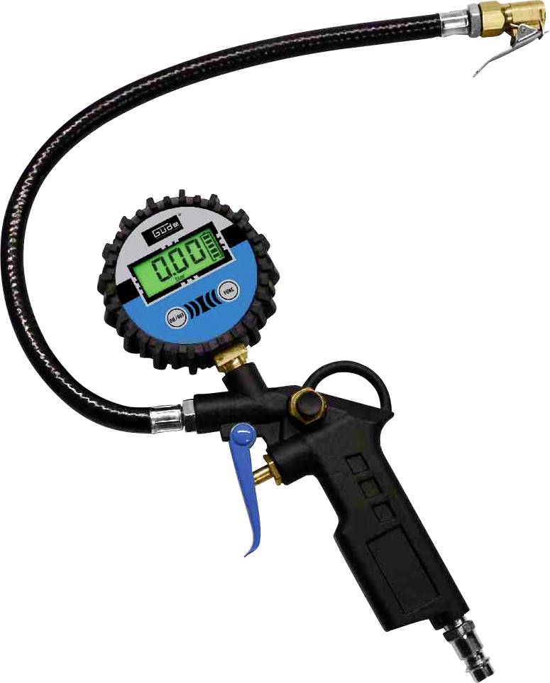 Digital tyre pressure gauge with hose and manometer for checking tyre pressure, black casing, blue-black display.