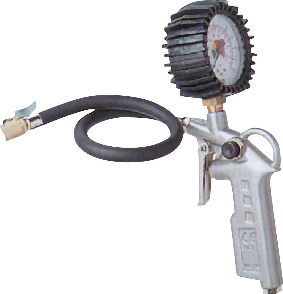 Pressure gauge with measuring display and hose, typically used for checking tyre pressure in vehicles.