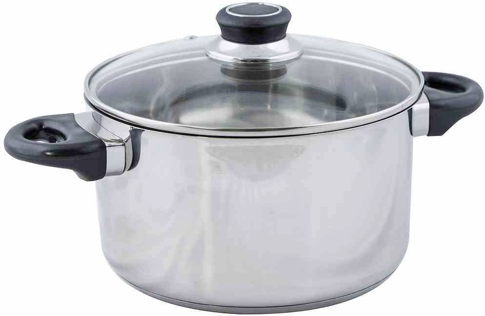 A large stainless steel saucepan with a glass lid and black handles, suitable for cooking on the hob.
