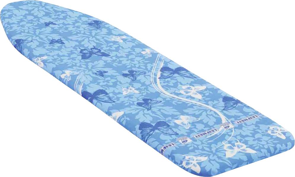 A blue ironing board with a floral pattern and butterfly design.