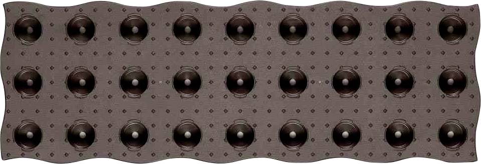 A rectangular, brown rubber mat with several raised round studs arranged at regular intervals.