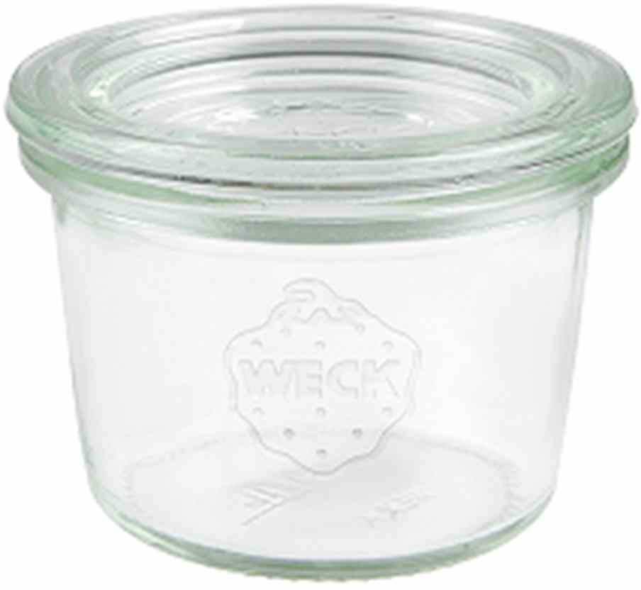 A transparent preserving jar with a lid, 'WECK' brand name on the front. Perfect for preserving food.