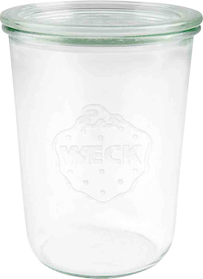 An empty Kilner jar with a lid, typical for preserving and storing food. Clear and cylindrically shaped.
