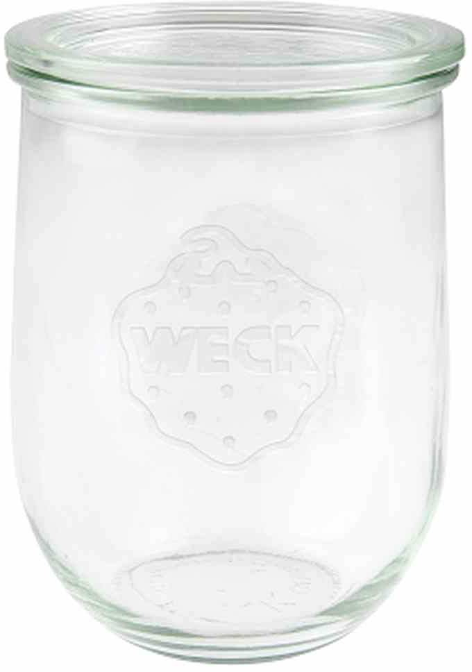 A clean, transparent preserving jar with lid, brand 'Weck', for storing food.