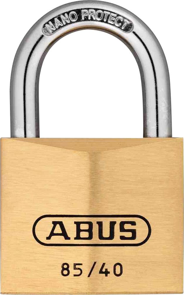 Padlock by ABUS, model number 85/40, with a shiny shackle and engraved inscription 