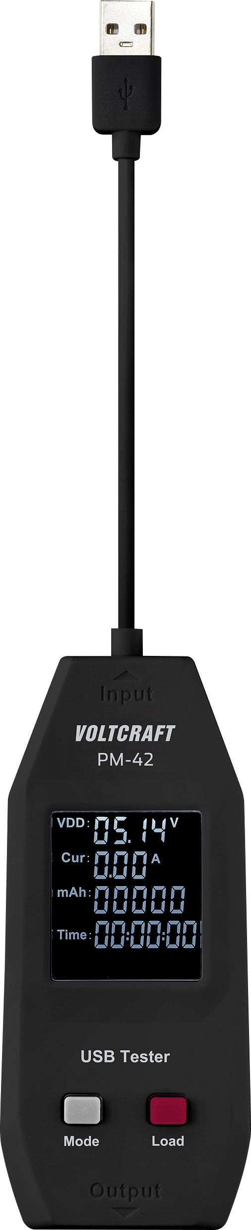 A USB tester shows a voltage of 5.14 V and 0.00 A current. Functional buttons for mode and load are present.