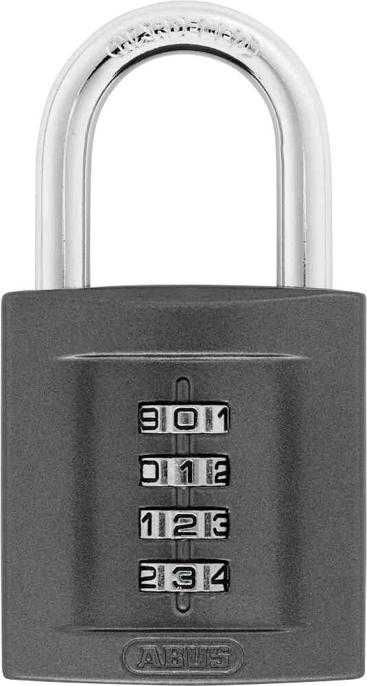 A grey combination padlock with a four-digit code, locked.