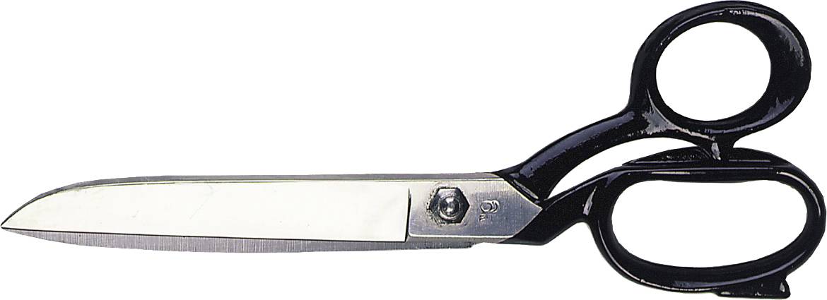 A metal pair of scissors with black handles lies on a white background.