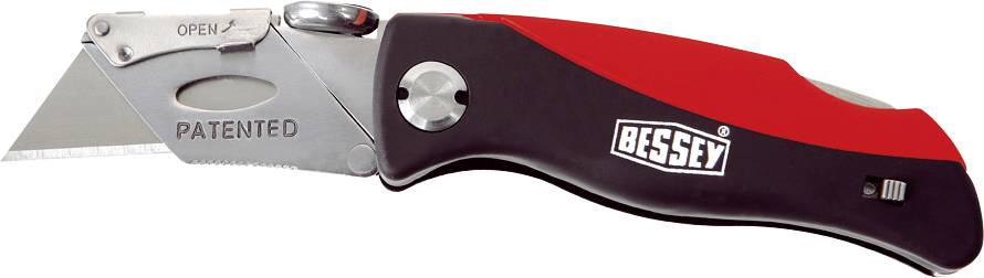 Foldable universal knife with red and black handle, silver blade, and 'BESEY' logo. Blade marked with 'PATENTED'.