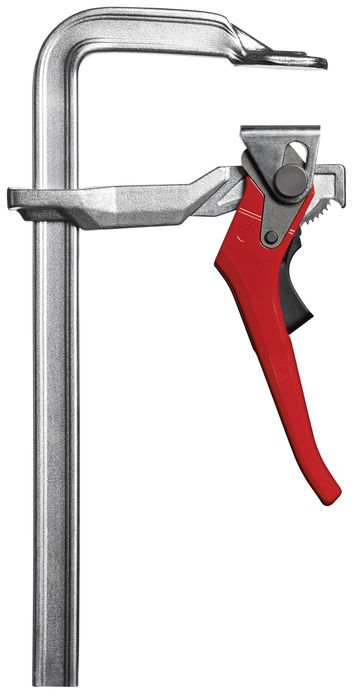 Metal one-handed clamp with a silver frame and red handle, suitable for securing workpieces in workshops or for DIY projects.