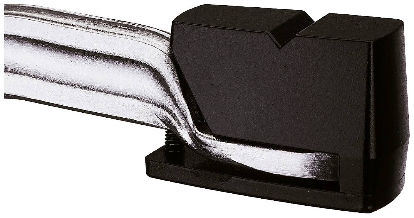 A black knife sharpener is holding a silver knife that is being sharpened.