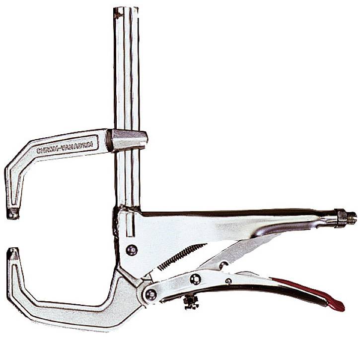 A silver spring clamp with a lever for adjusting the gripping force. Suitable for woodworking or metalworking tasks.