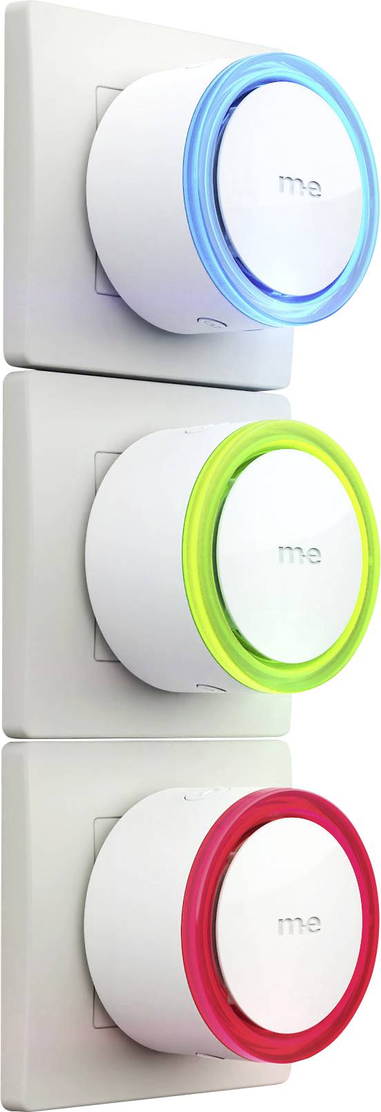 Three circular switches stacked vertically, each with a coloured border: blue at the top, green in the middle, and red at the bottom. Each switch is labelled 'me'.