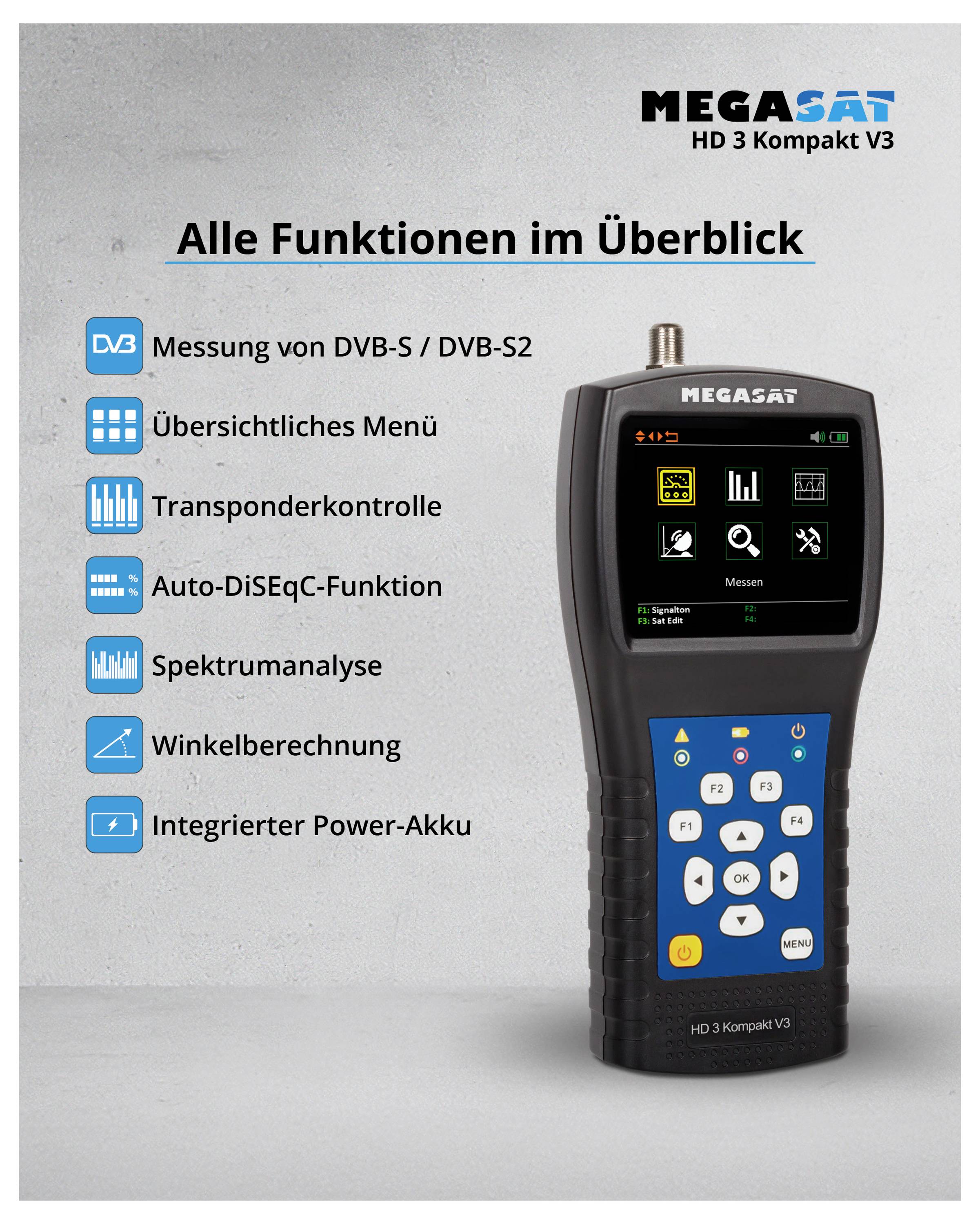 The image shows a Megasat HD 3 Compact V3 device. Functions: DVB-S/DVB-S2 measurement, menu, transponder control, auto-DiSEqC, spectral analysis.