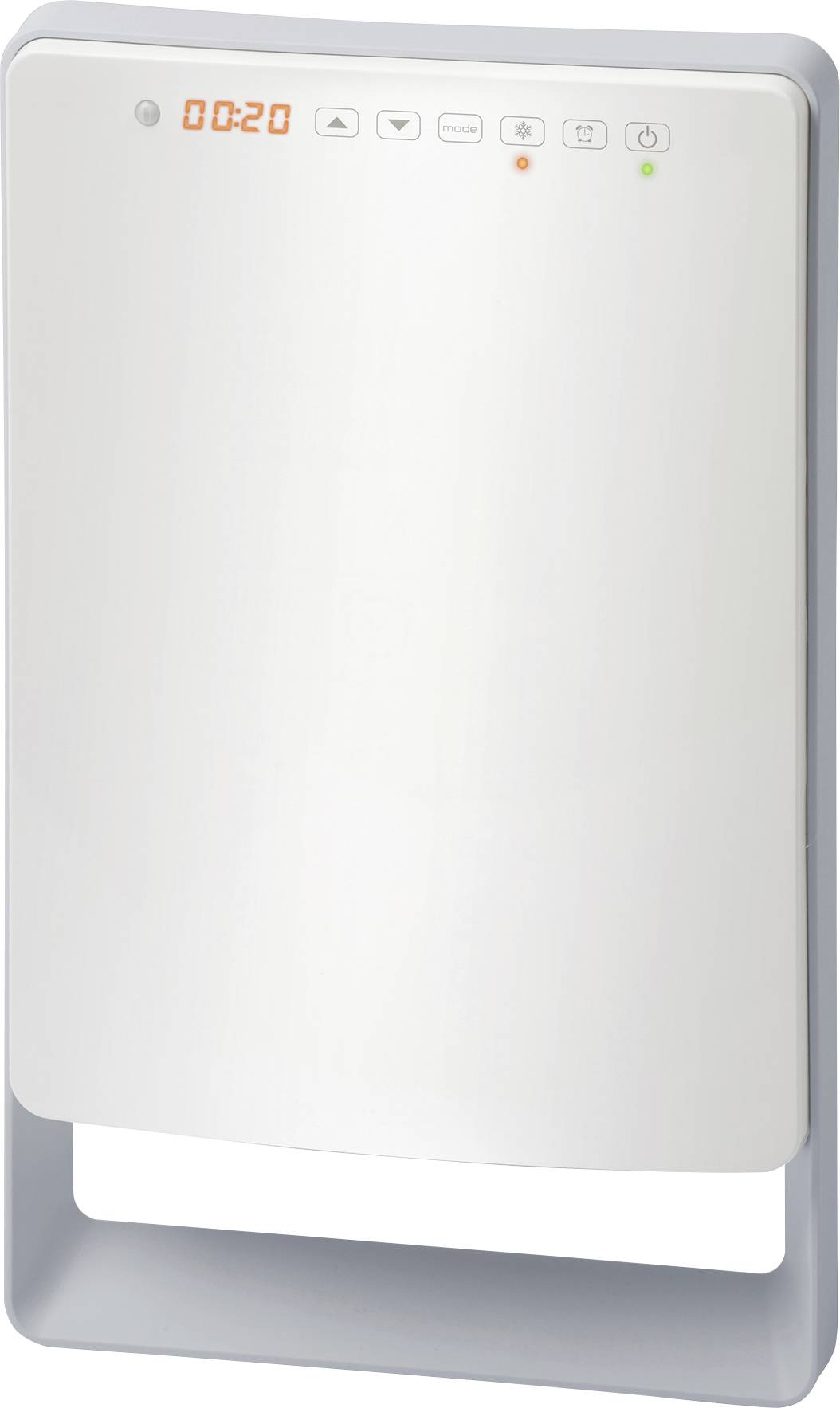 A white automatic hand dryer with a digital time display in the top left corner and control buttons above it, mounted on a wall.