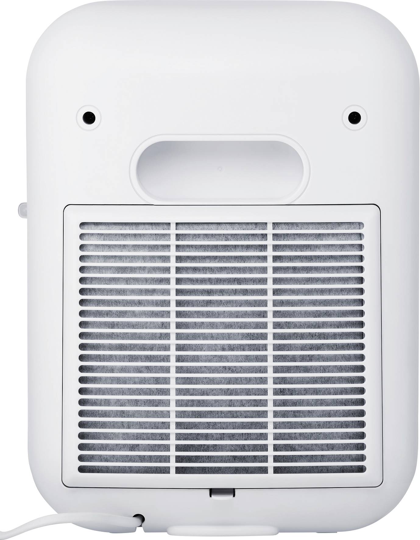 A white air purifier with a rectangular shape and ventilation grilles on the front, suitable for indoor air purification.