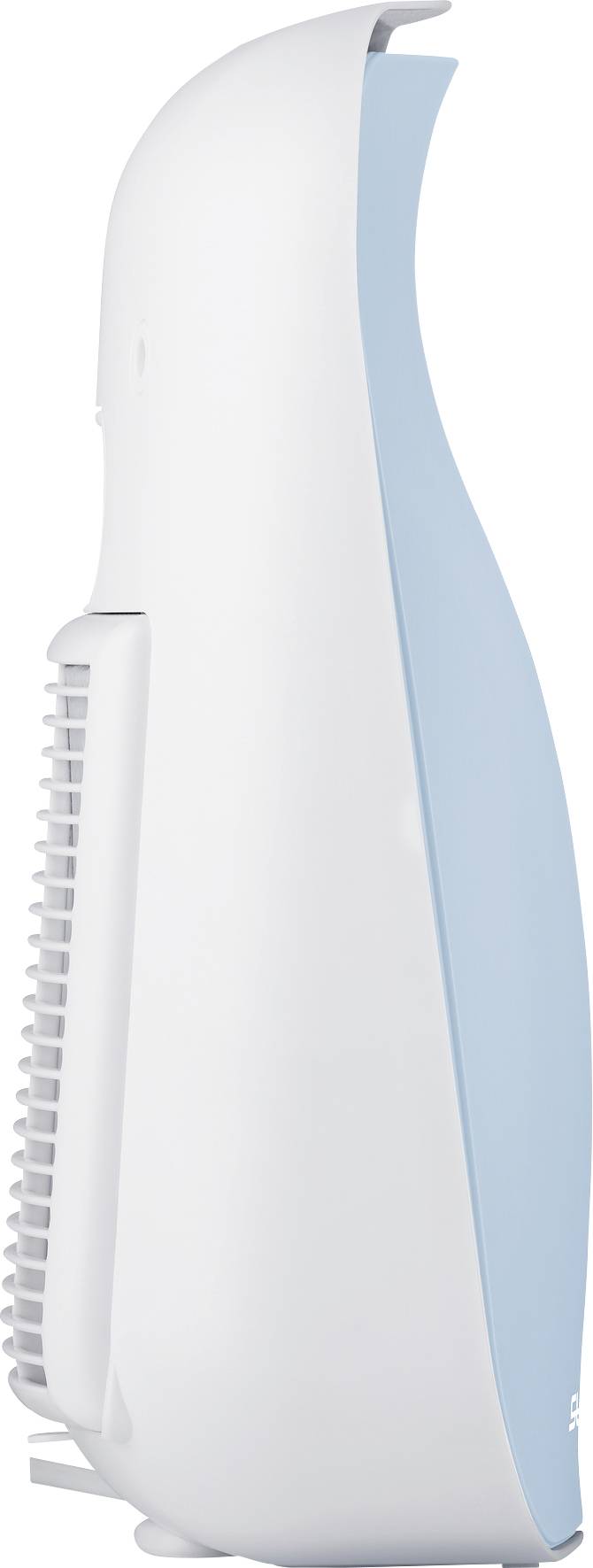 Air purifier viewed from the side, with white and blue casing.