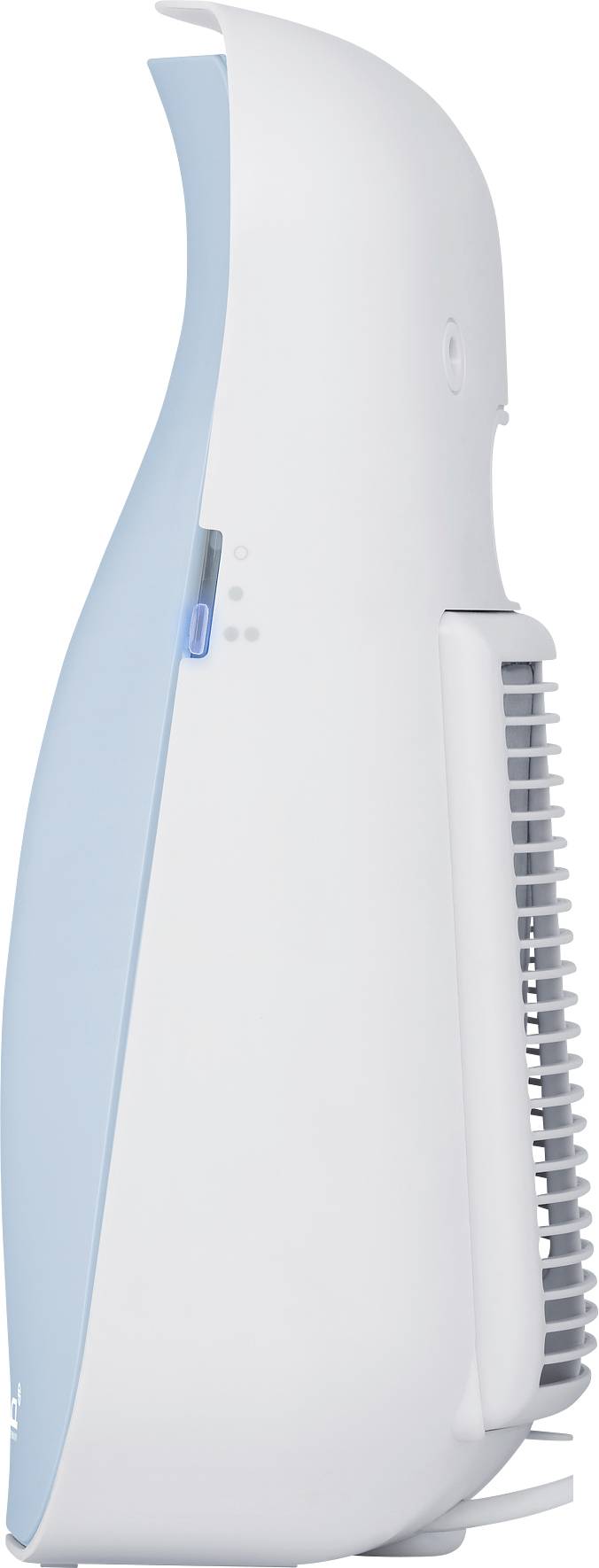 Side view of a white and blue air purifier with slots on the side that may serve for ventilation.