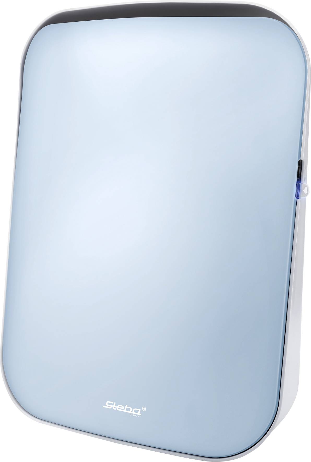 Air purifier with a blue design and rounded edges, Steba brand visible.