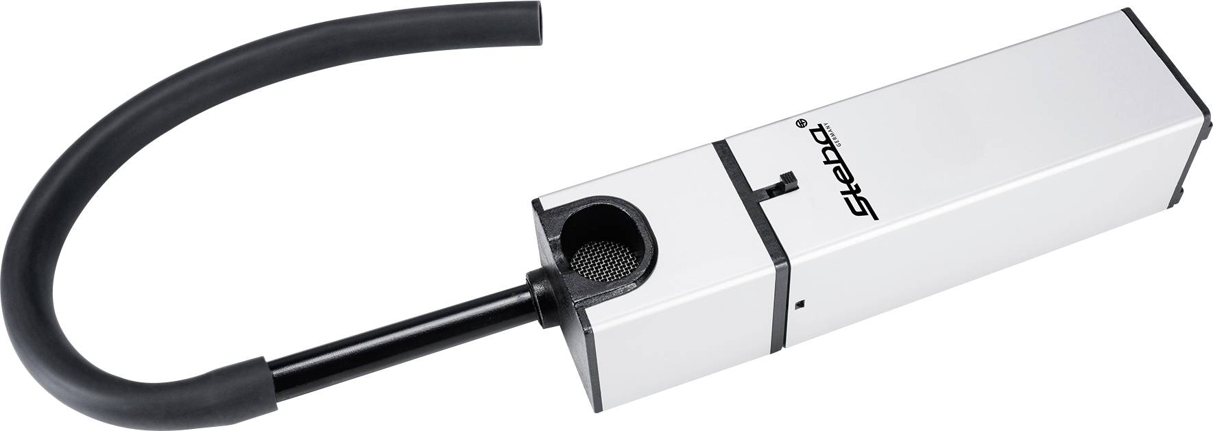 A handy, silver device with a black hose used for lighting barbecue charcoal or fireplace kindling.